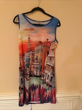 Sweet Miss Scenic‎ Print Sleeveless Shift Dress in Blue and Multicolor Large/XL